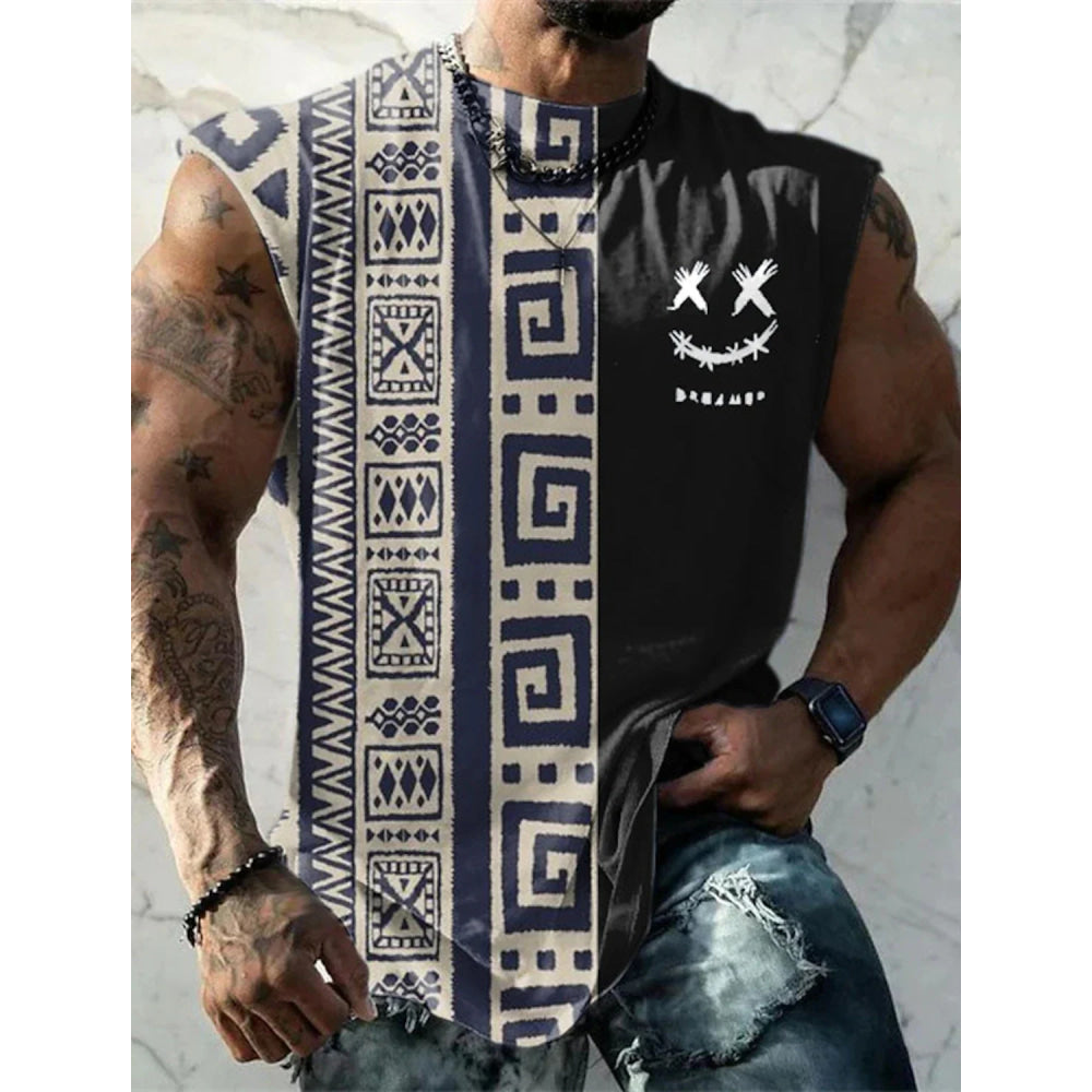 Summer New Men's Vest T Shirt Patterned Tribal Round Neck Clothing Daily Fitness Sports Vintage Sleeveless Printed Ethnic Tops