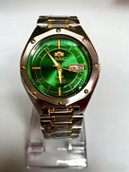 ORIENT Men's Two-Tone Stainless Steel Watch Green Dial Luminous Hands Day-Date Display AAA Crystal Analog Wristwatch