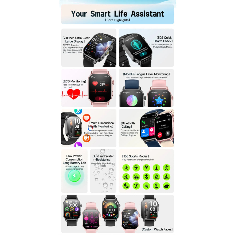 2026 New Model Uric Acid & Lipid Health Analysis Smart Watch Men ECG+PPG Bluetooth Call 2.01-inch Flashlight Smartwatch Women