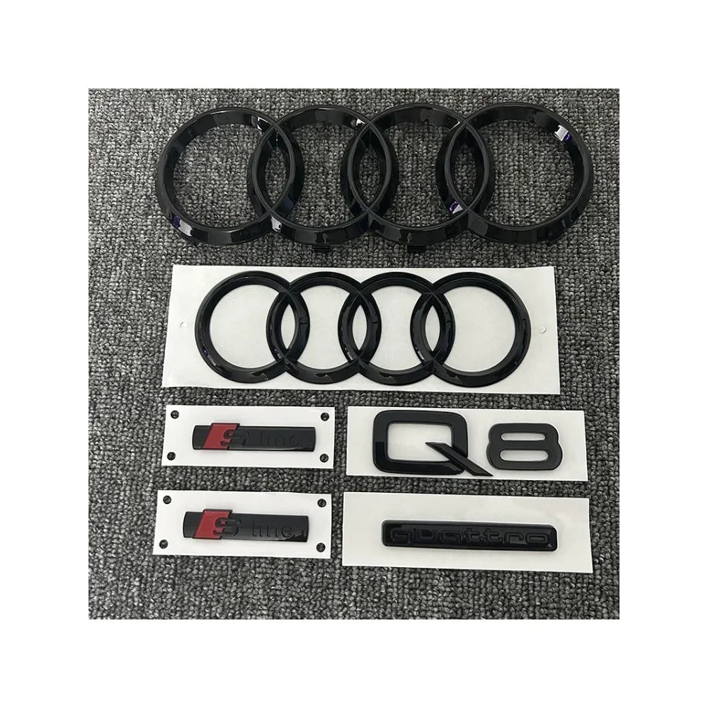 AUDI Q8 4-Ring logo ABS Black Car Hood Front Grill Emblem Rear Trunk Badge Q8 Sticker Quarrto Sline Emblem For Q8 2018-2024
