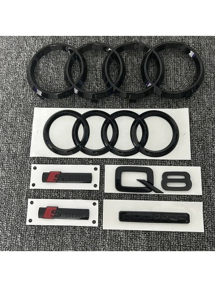 AUDI Q8 4-Ring logo ABS Black Car Hood Front Grill Emblem Rear Trunk Badge Q8 Sticker Quarrto Sline Emblem For Q8 2018-2024