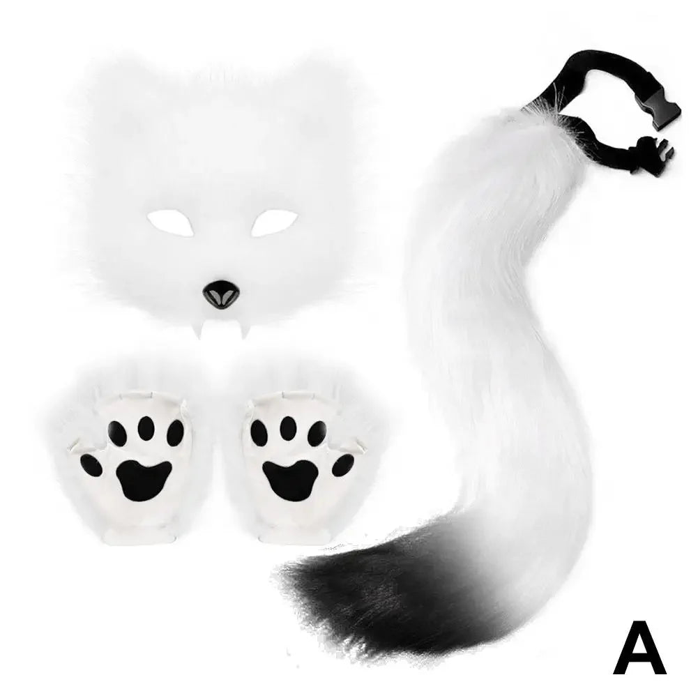 Guantes de máscara de cola de piel esponjosa, guantes de manos con patas de gato y máscara de lobo Therian, conjunto para disfraz de Halloween, accesorios para fiesta