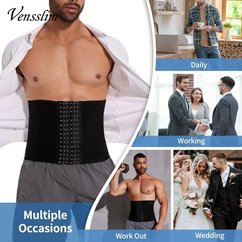 Vensslim Waist Trainer for Men Tummy Control Hooks Girdle Stomach Band 7 Steel Bones Back Support Strap Body Shaper Trimmer Belt