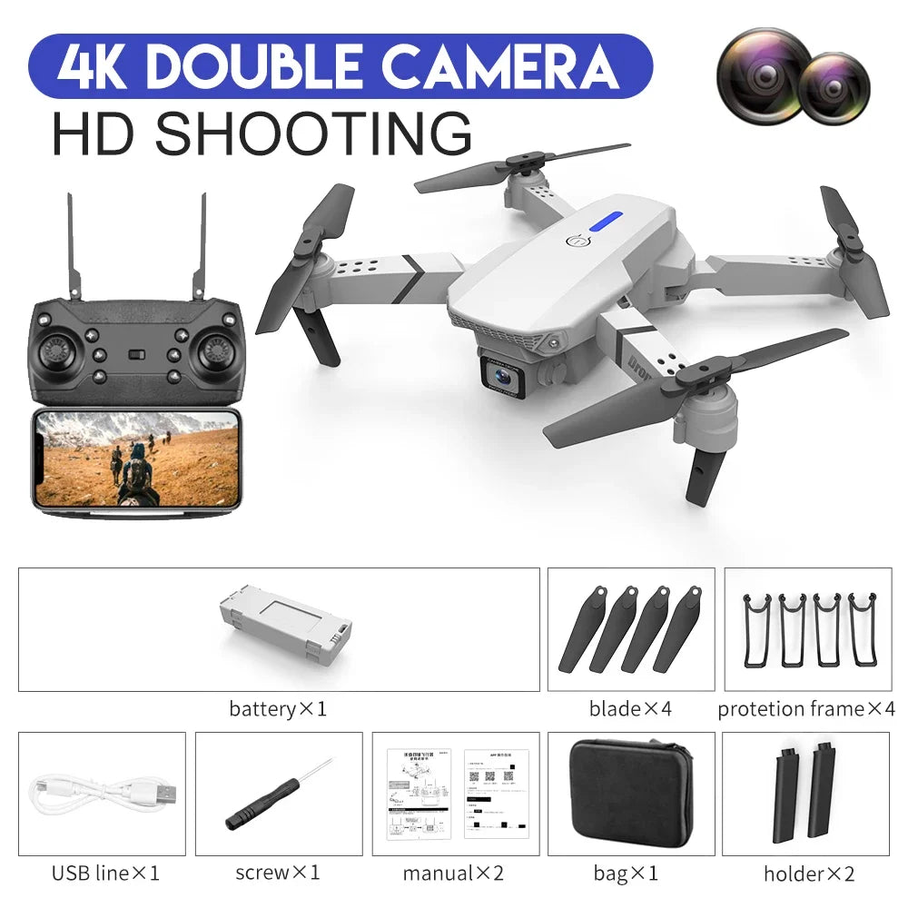 2025 E88 Pro WiFi FPV Drone con cámara individual doble 4K 1080P gran angular HD mantenimiento de altitud plegable Quadcopter RC helicóptero de juguete