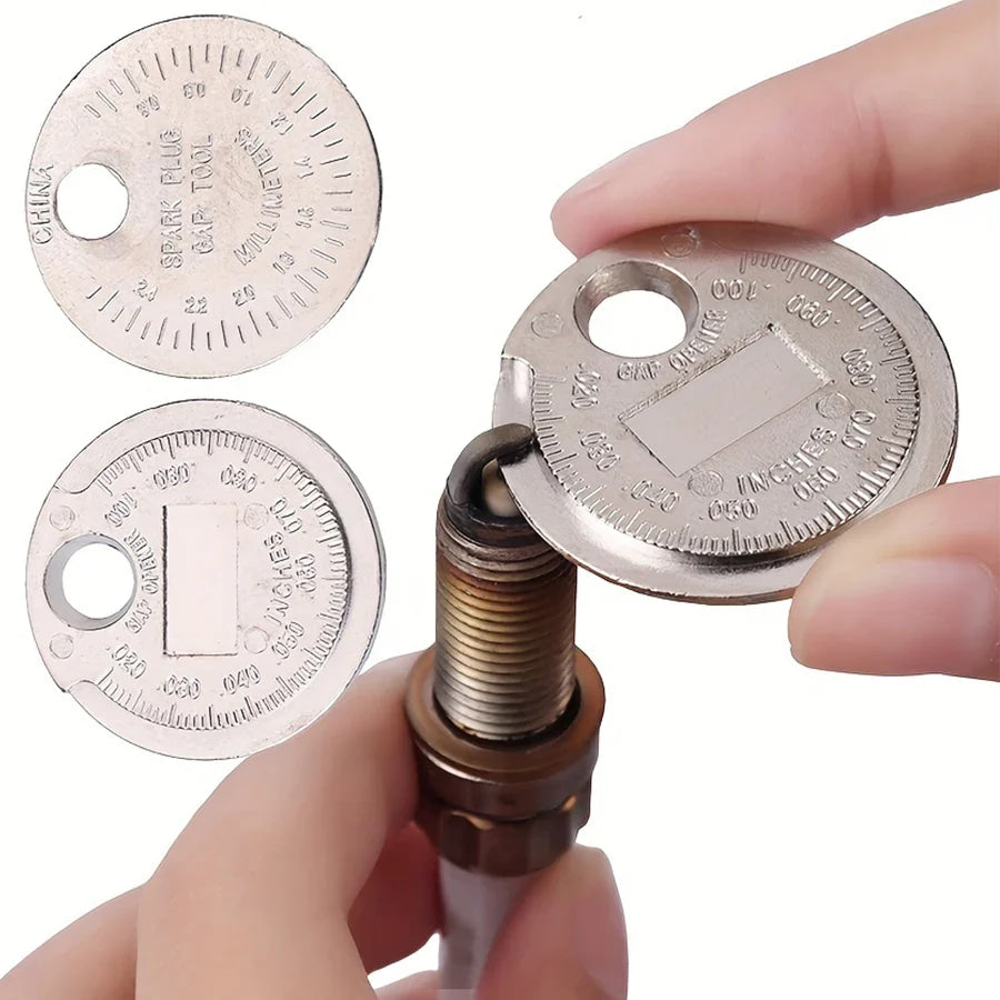Herramienta de medición de espacio de bujía tipo moneda, rango de 0,6-2,4mm, herramienta de medición de huecos de bujía, 1 ud.