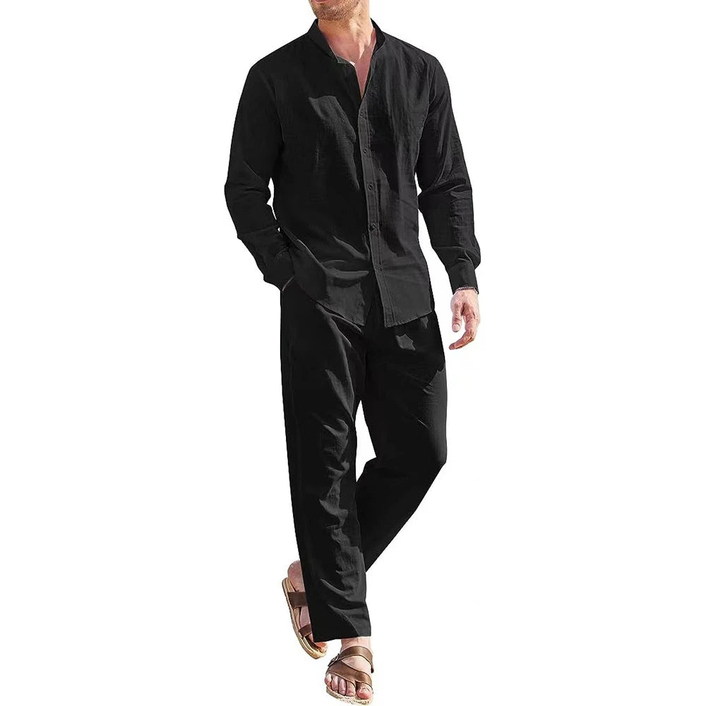 Mens Casual Cotton Linen Two Piece Sets Beach Vintage Basic Shirts and Pants Solid Color Casual Suit Male Hawai Tracksuits Set