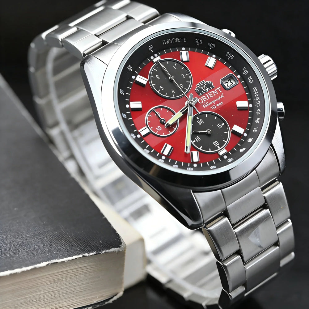 Orient Men's Chronograph Wristwatch Red Dial Stainless Steel Band 100M Waterproof Fashion Sport Watch
