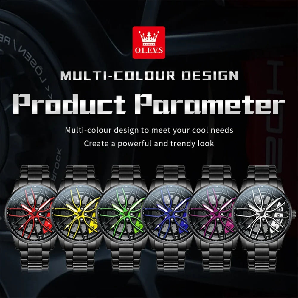 OLEVS Mens Watch Quartz Watch Original Rotatable Wheel Hub Dial Fashion Trend Waterproof Luminous Stainless Steel Reloj 9937