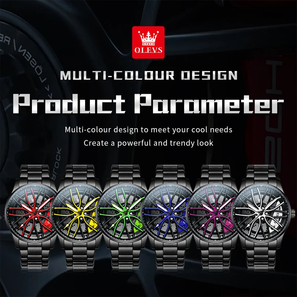 OLEVS Mens Watch Quartz Watch Original Rotatable Wheel Hub Dial Fashion Trend Waterproof Luminous Stainless Steel Reloj 9937