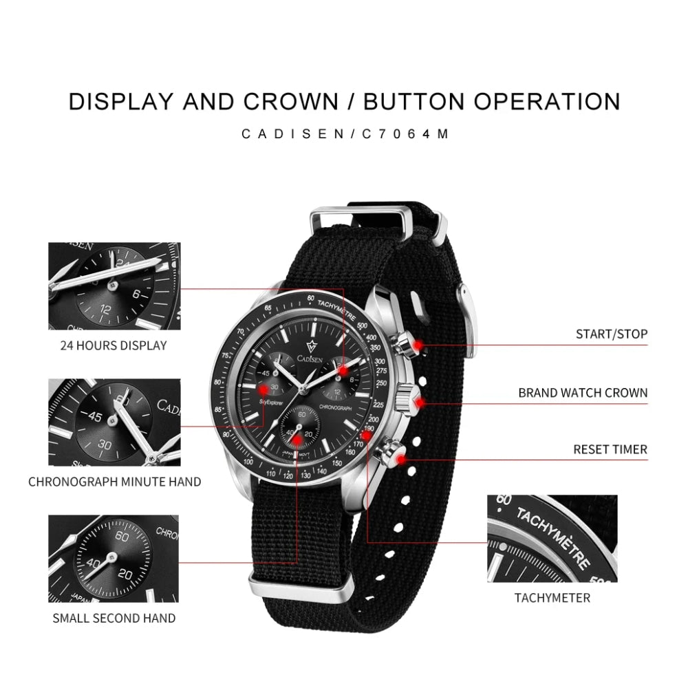 CADISEN New Men's Watches Luxury Quartz Wrist Watch For Men Sapphire AR Coated Crystal Canvas VK68 Speed Chronograph Automatic
