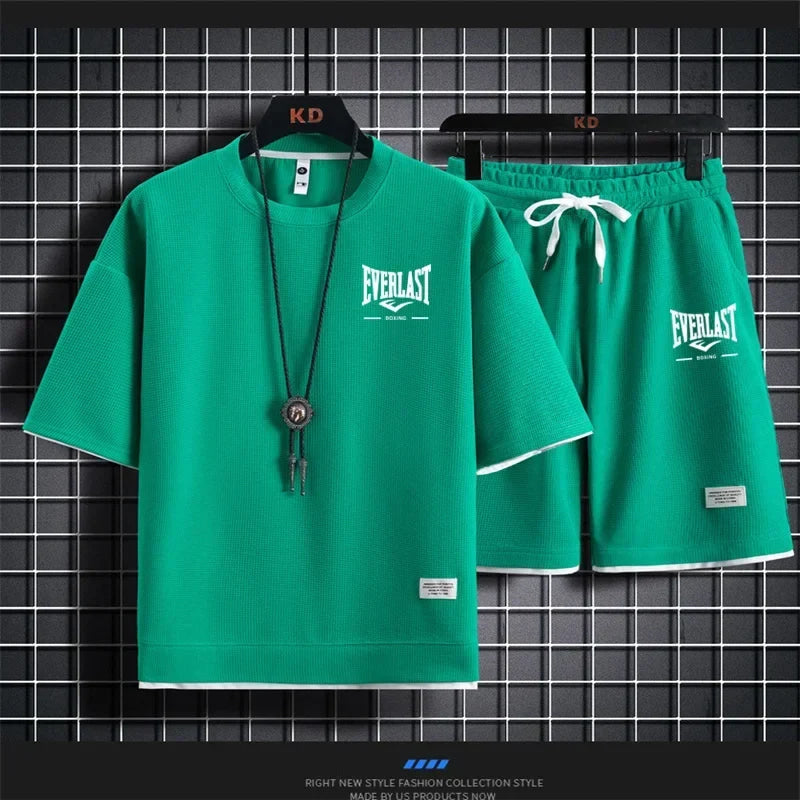 2026 Men's summer suit high quality round neck men's T-shirt 2 pieces shorts running quick dry leisure quick dry.