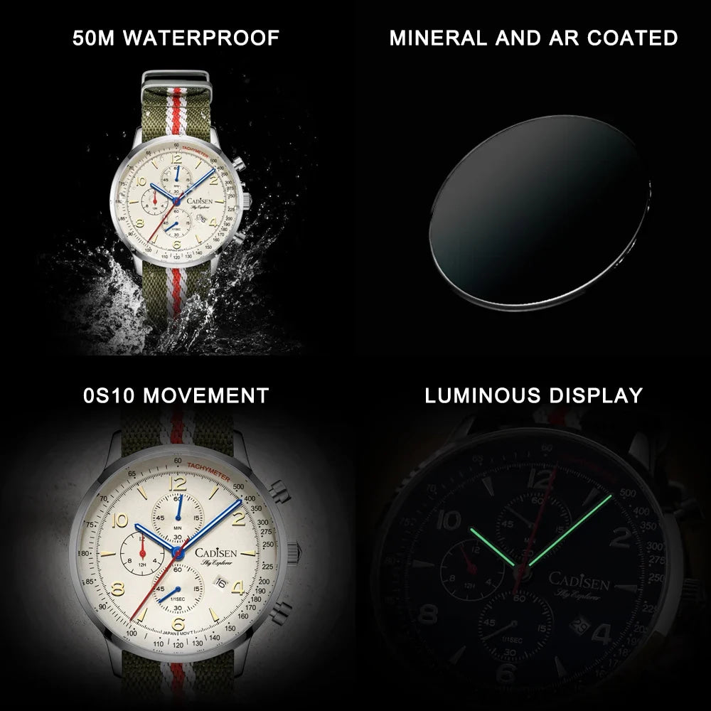 CADISEN New Chronograph Men's Quartz Watch Top Luxury Watches For Men MIYOTA 0S10 AR Mirror Waterproof Canvas Men's Wristwatch