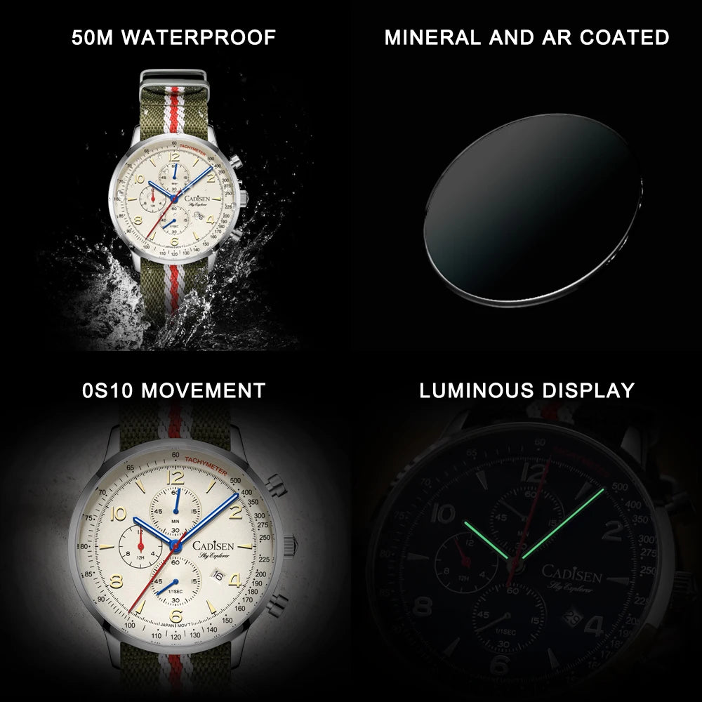 CADISEN New Chronograph Men's Quartz Watch Top Luxury Watches For Men MIYOTA 0S10 AR Mirror Waterproof Canvas Men's Wristwatch