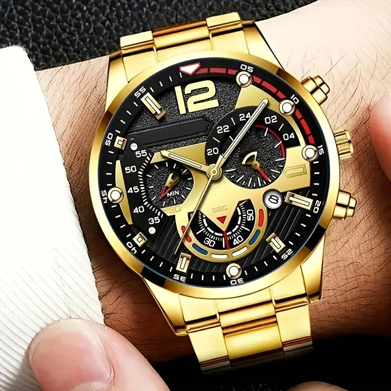 6PCS Luxury Men Business Watches Rings Set Fashion Steel Band Man Arabic Dial Quartz Wristwatch (Without Box)