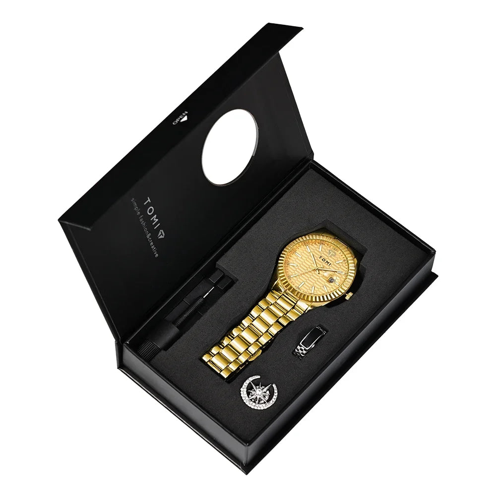 TOMI New Men's Watch Brooch Ring Gift Box Set Luxury Business Stainless Steel Strap Men's Calendar Casual Quartz Watch Reloj