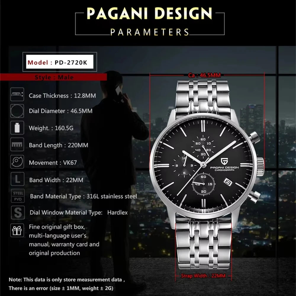 Pagani Design Fashion Luxury Men's Quartz Chronograph Watch Japan VK67 Movement Leather Strap Large Calendar PD-2720K reloj