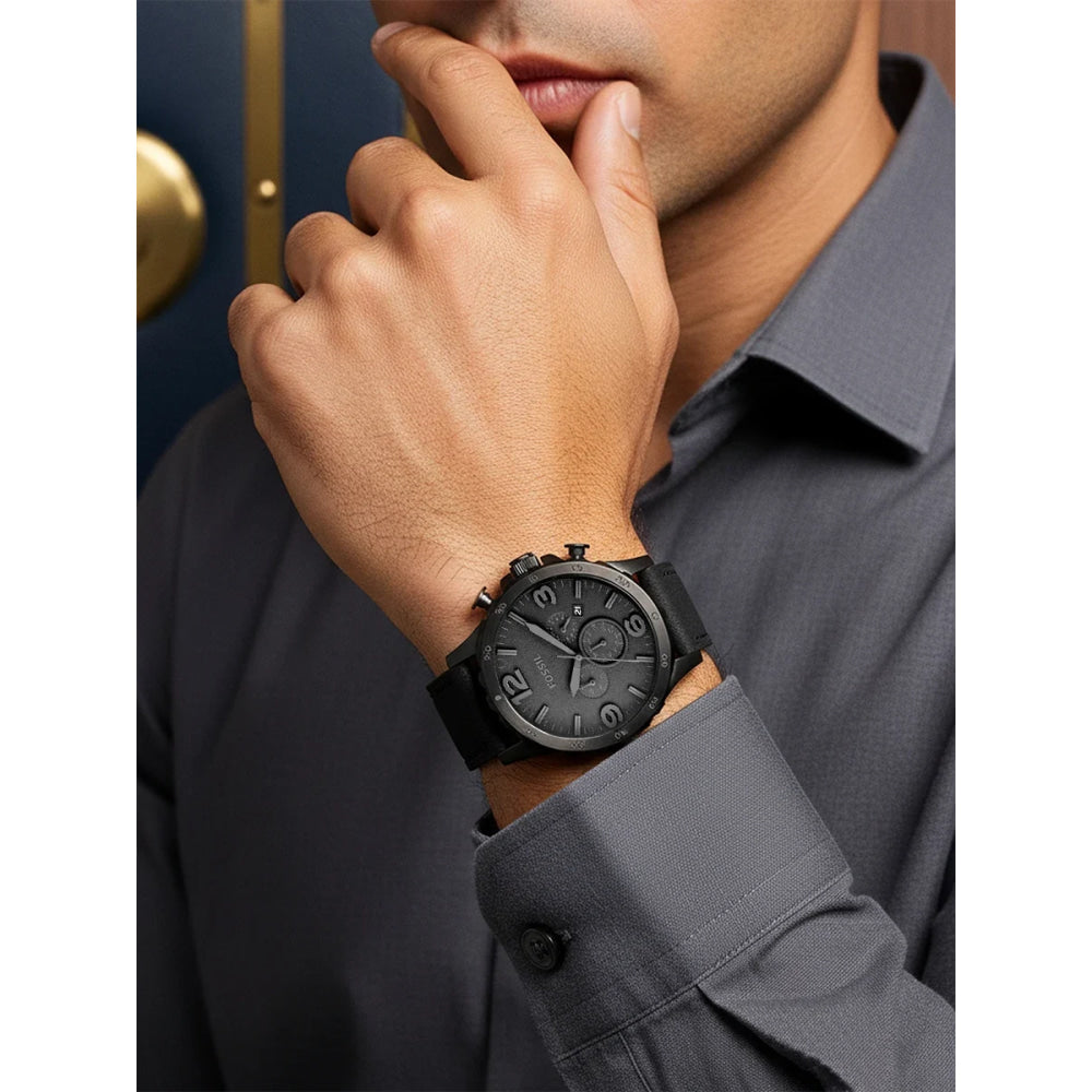 Fossil JR1354 Nate Chronograph Men Watch Black Leather 50mm Big Dial Military Sport Quartz Wristwatch Relogio Masculino