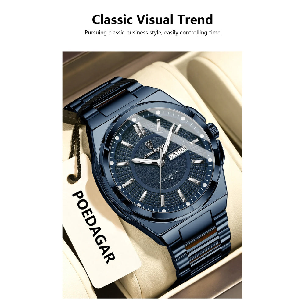 POEDAGAR Sport Original Men Clock Quartz Date Week Luxury Man Wristwatch Waterproof Luminous Stainless Steel Men's Watches Reloj