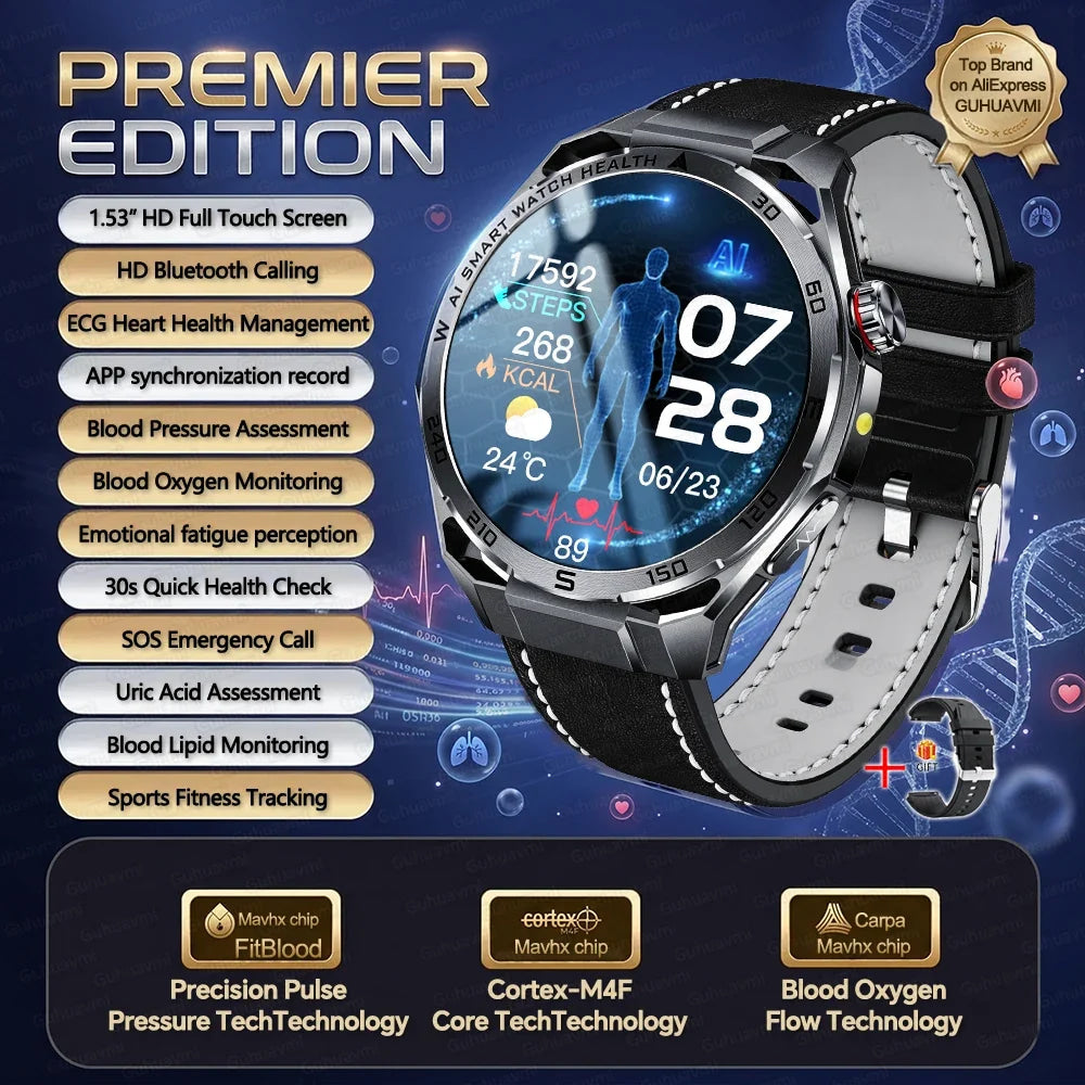 2026 New ECG AI Health Smartwatch for Men 1.53"AMOLED BP/Heart Rate Monitor BT Call IP68 Waterproof Smart Watch for Android IOS