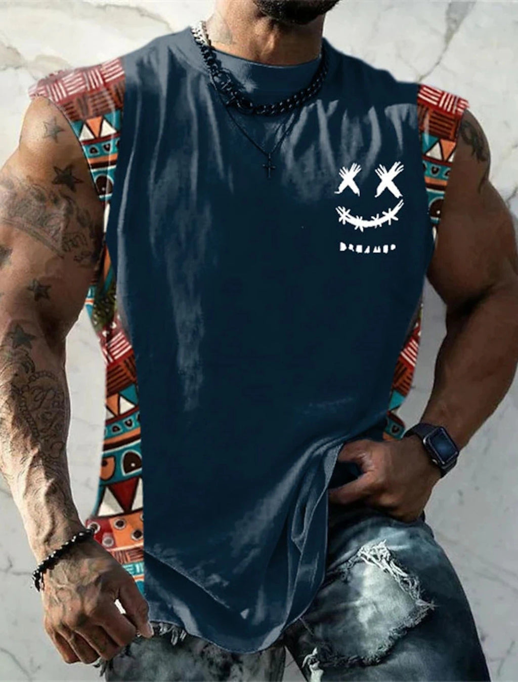 Summer New Men's Vest T Shirt Patterned Tribal Round Neck Clothing Daily Fitness Sports Vintage Sleeveless Printed Ethnic Tops