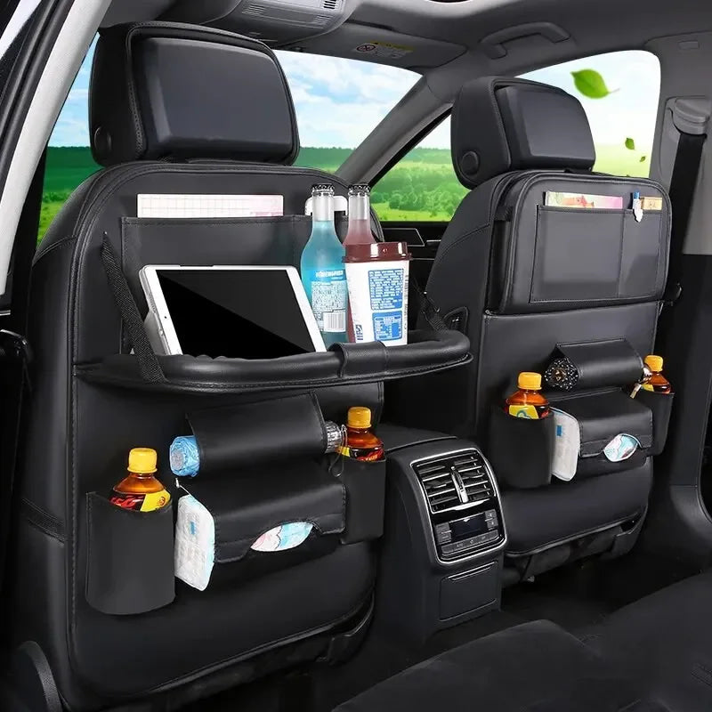 Organizador de Asiento Trasero de Coche, Bandeja Plegable de Cuero PU con Bolsillos de Almacenamiento y Protectores de Patadas - Accesorios Interiores para Vehículos