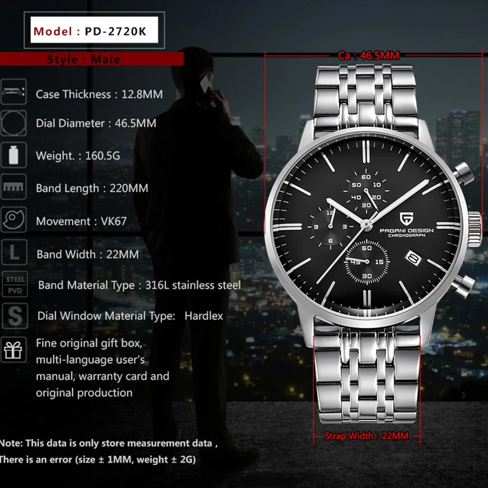 2026 new Pagani design watch VK67 men's quartz watch top leisure sports chronograph stainless steel waterproof men's watch reloj