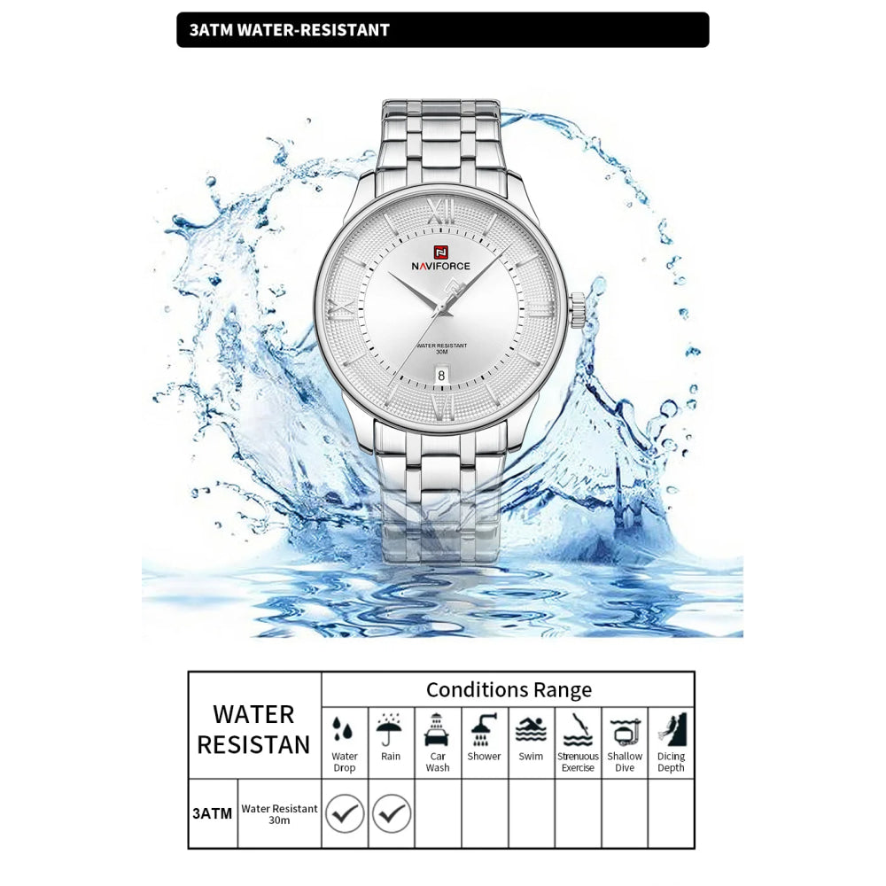 NAVIFORCE Men's Watch Classic Stainless Steel Strap 3ATM Waterproof Calendar Minimalist Dial Men's Chronograph Watch NF9272S