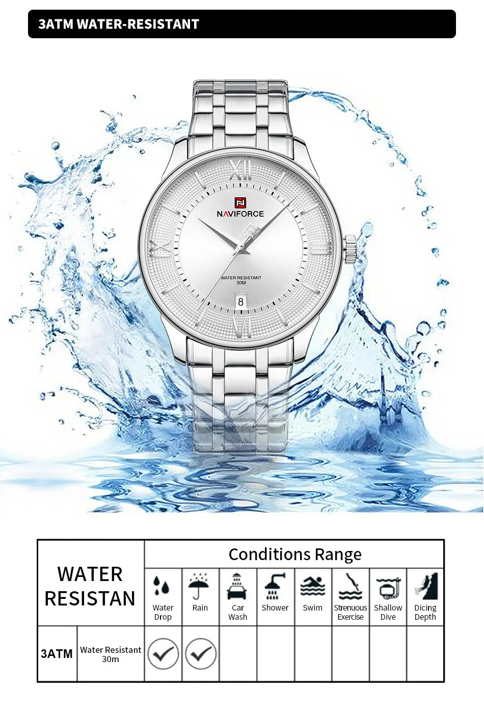 NAVIFORCE Men's Watch Classic Stainless Steel Strap 3ATM Waterproof Calendar Minimalist Dial Men's Chronograph Watch NF9272S