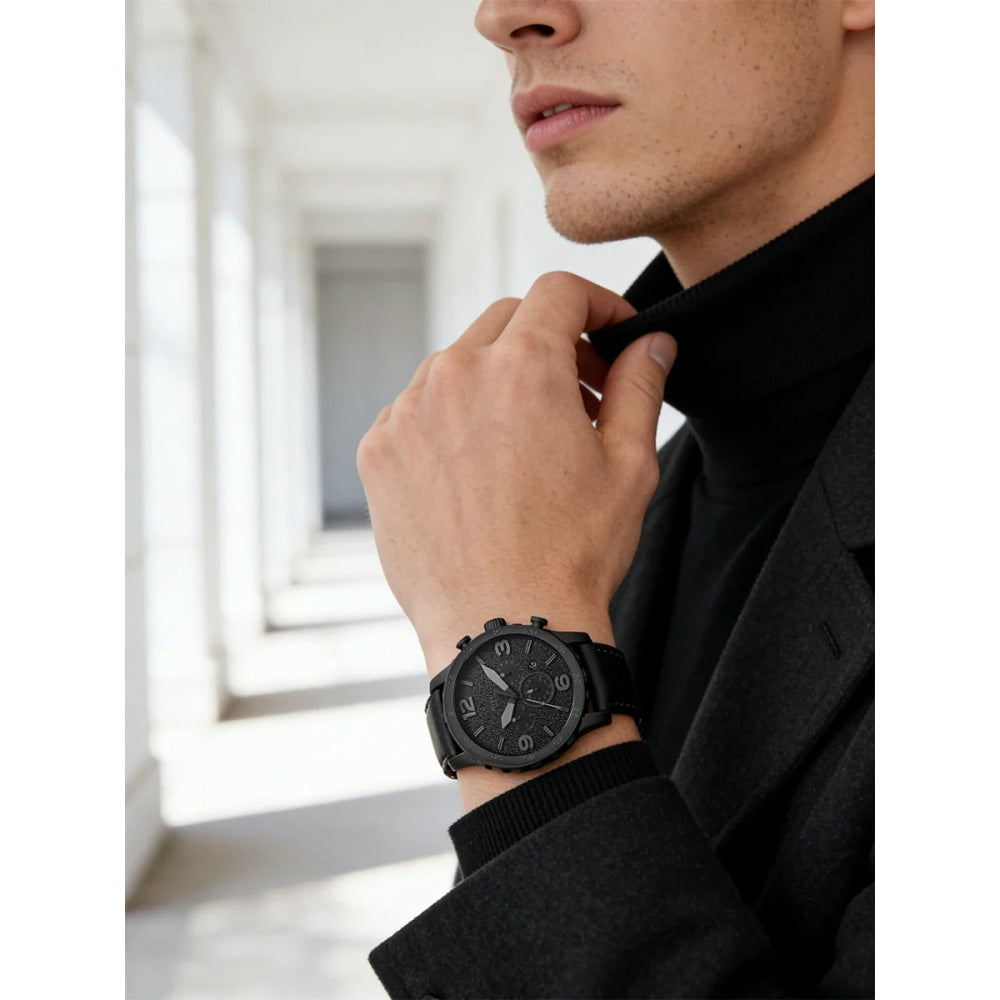 Fossil JR1354 Nate Chronograph Men Watch Black Leather 50mm Big Dial Military Sport Quartz Wristwatch Relogio Masculino