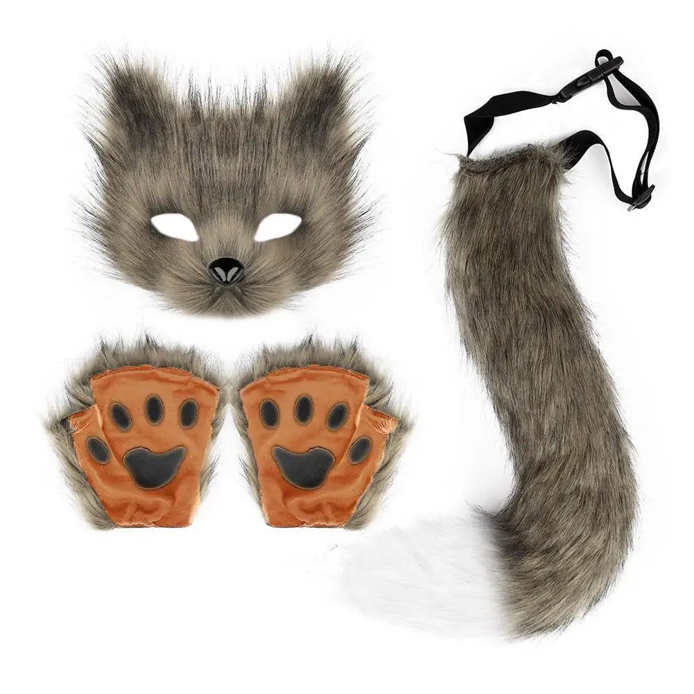 Guantes de garra de lobo 3D con máscara de media cara realista, conjunto de guantes con patas de gato y cola de piel esponjosa, accesorios para disfraz de Halloween