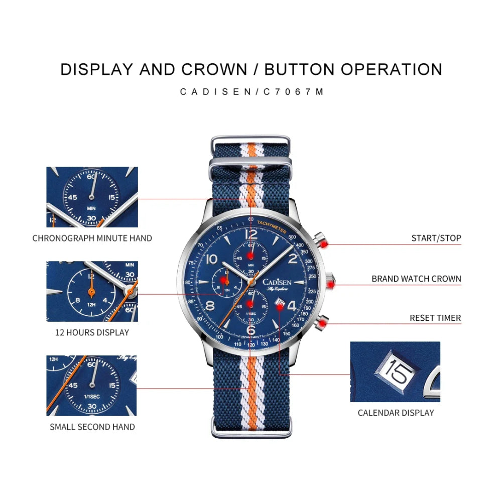 CADISEN New Chronograph Men's Quartz Watch Top Luxury Watches For Men MIYOTA 0S10 AR Mirror Waterproof Canvas Men's Wristwatch
