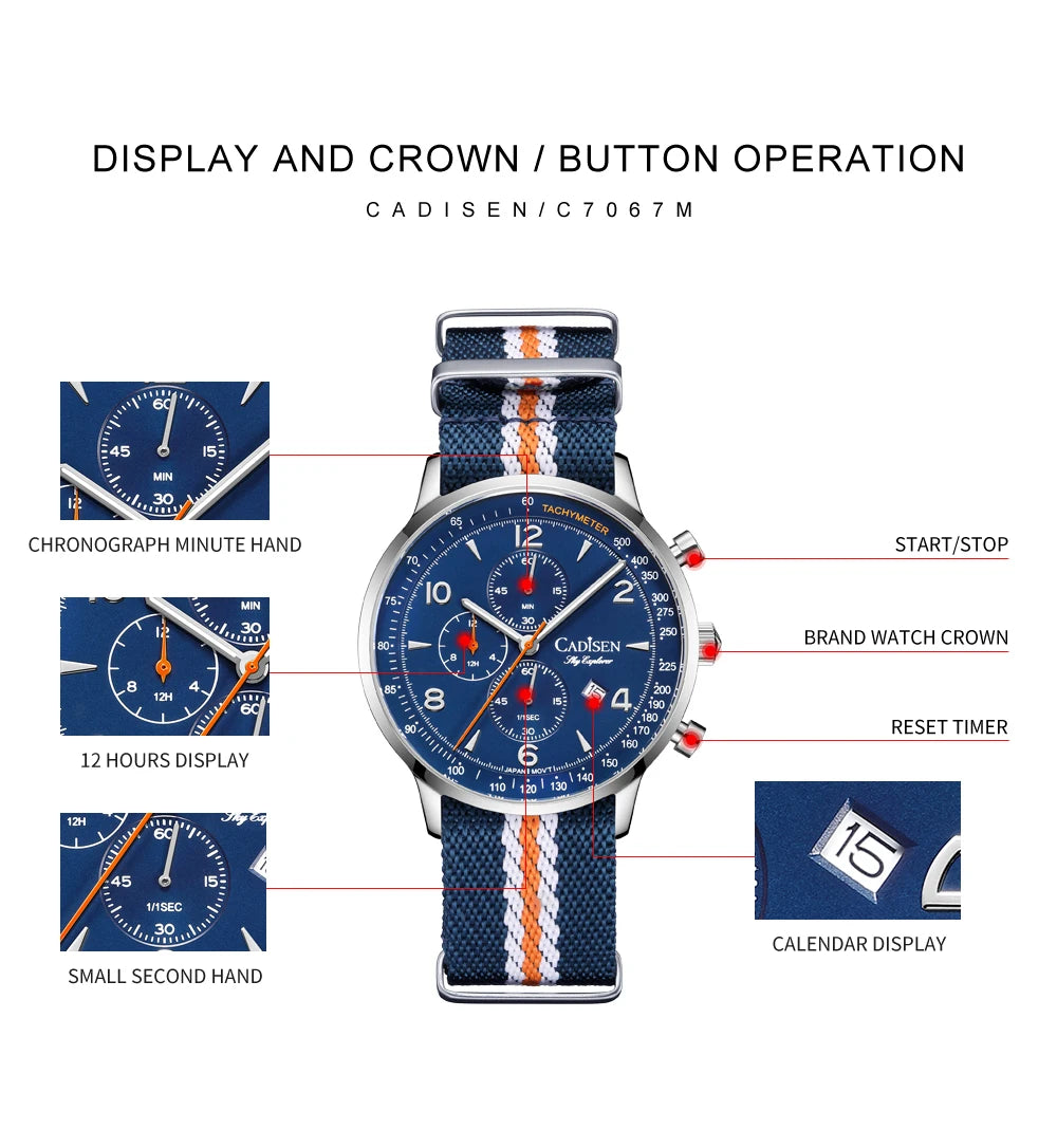 CADISEN New Chronograph Men's Quartz Watch Top Luxury Watches For Men MIYOTA 0S10 AR Mirror Waterproof Canvas Men's Wristwatch