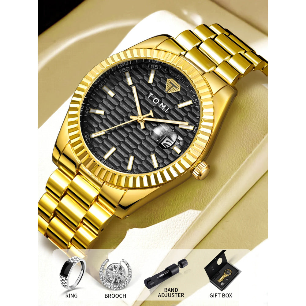 TOMI New Men's Watch Brooch Ring Gift Box Set Luxury Business Stainless Steel Strap Men's Calendar Casual Quartz Watch Reloj