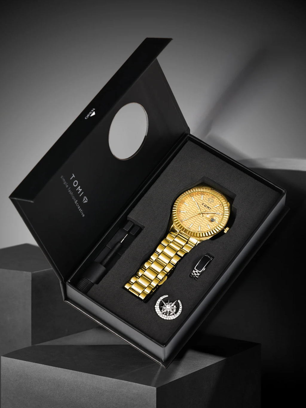 TOMI New Men's Watch Brooch Ring Gift Box Set Luxury Business Stainless Steel Strap Men's Calendar Casual Quartz Watch Reloj