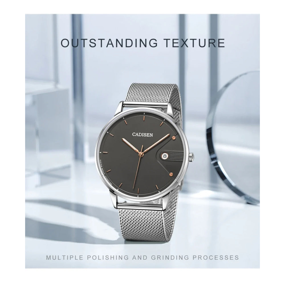 CADISEN Swiss Ronda 715 Quartz Watch Mans 7MM Ultra-thin Dial Sapphire Luminous Stainless Steel Milano Mesh Strap Watches Men