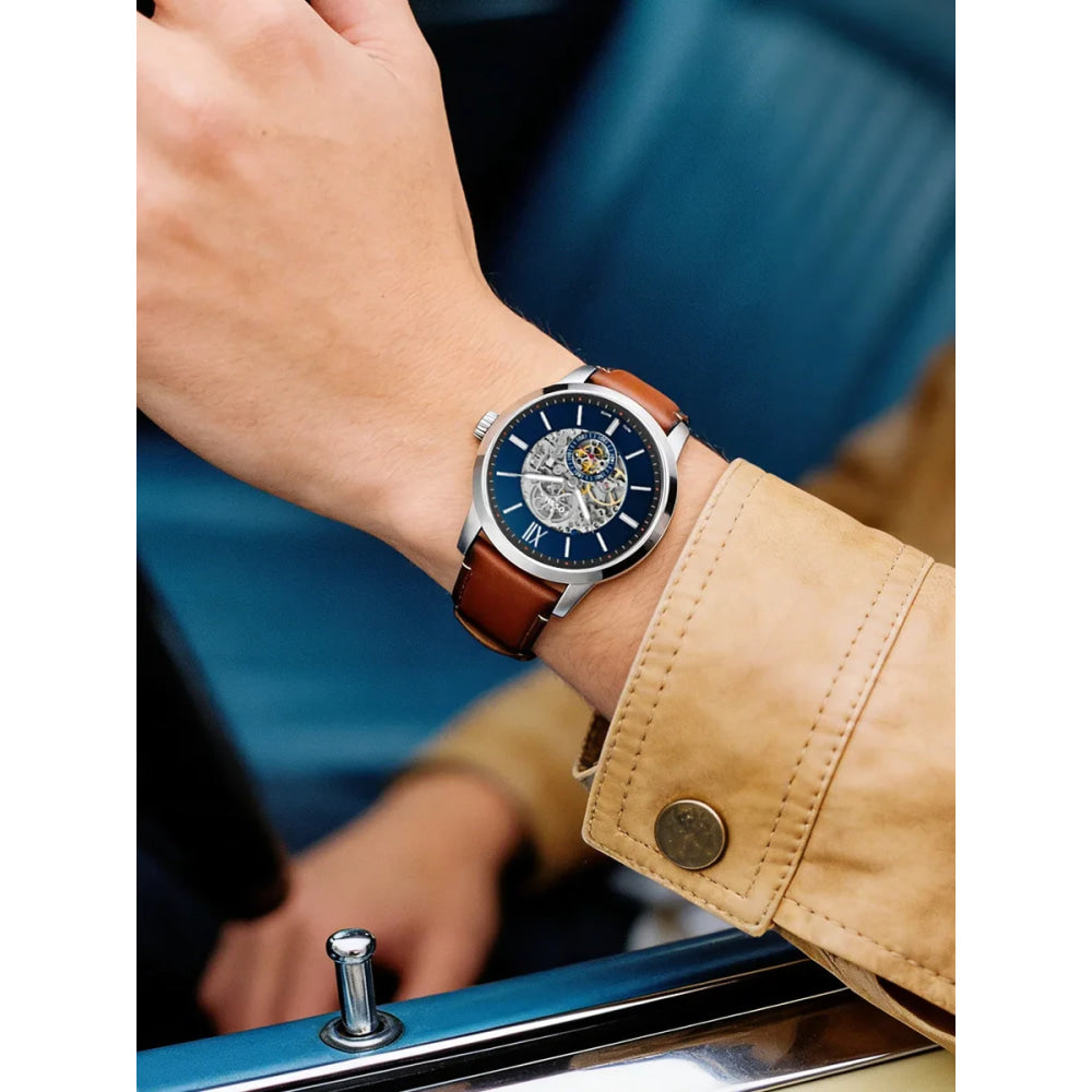 Fossil Men's Automatic Mechanical Watch Skeleton Dial Visible Movement Leather Strap Blue Navy Business Dress Gift Boyfriend