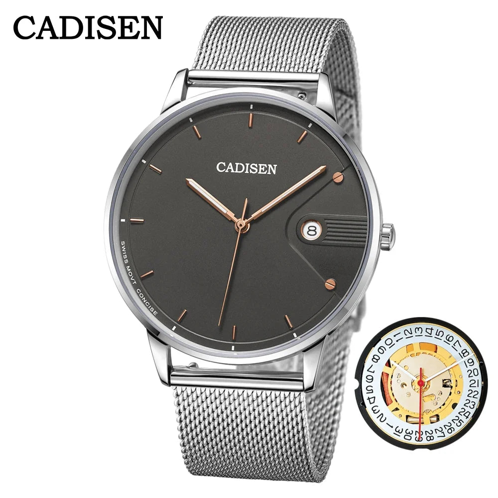 CADISEN Swiss Ronda 715 Quartz Watch Mans 7MM Ultra-thin Dial Sapphire Luminous Stainless Steel Milano Mesh Strap Watches Men