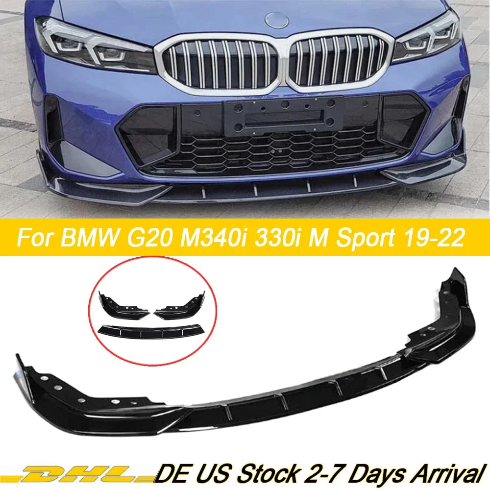 GT Style Front Bumper Lip For BMW BMW 3 Series G20 G21 G28 M340i 330i 330e M Sport 2019-2022 Diffuser Body Kit Glossy Black