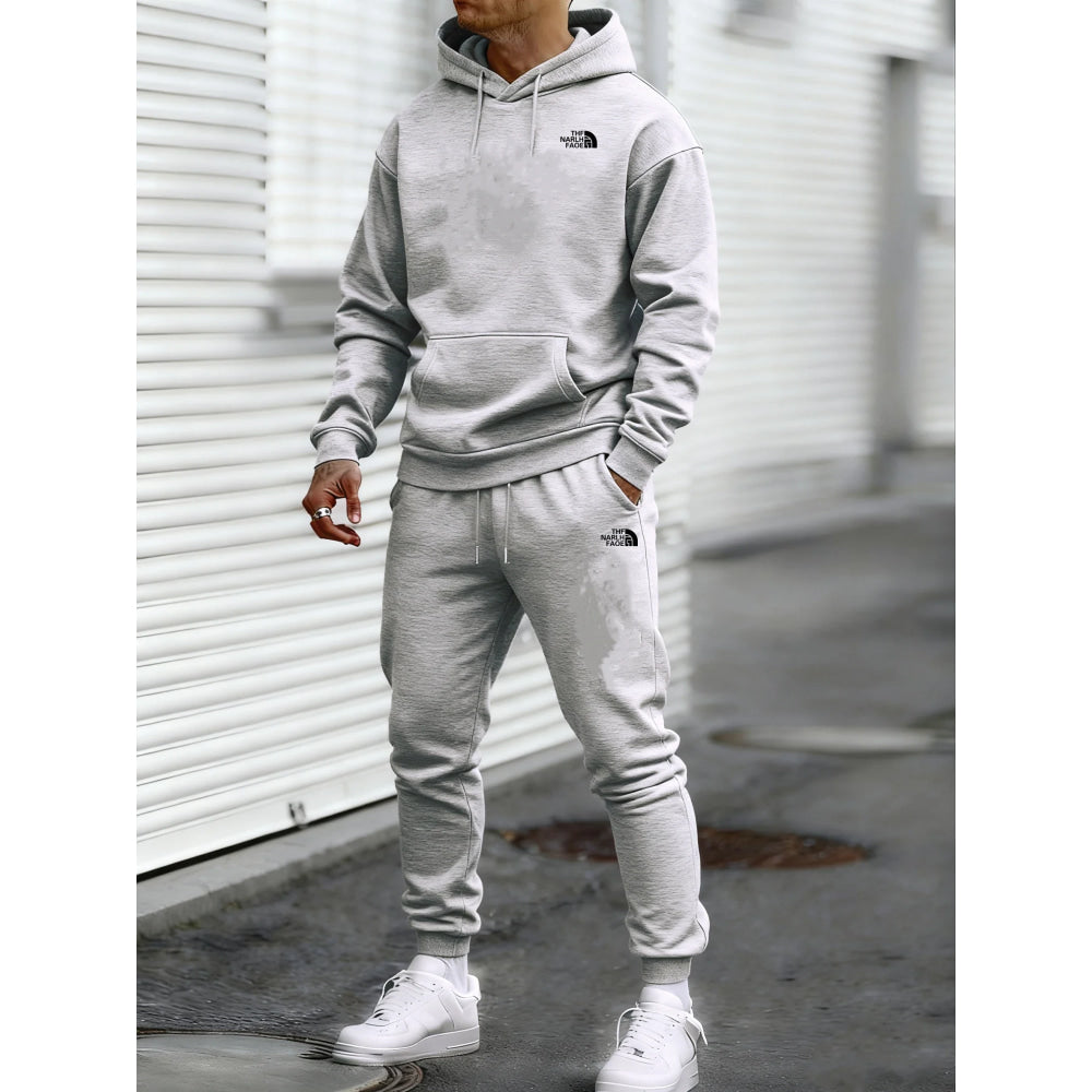Men's Autumn and Winter Pattern Casual Two-Piece Set Hooded Sweatshirt and Pants withPockets Regular Fit Qutdoor Sport Suit