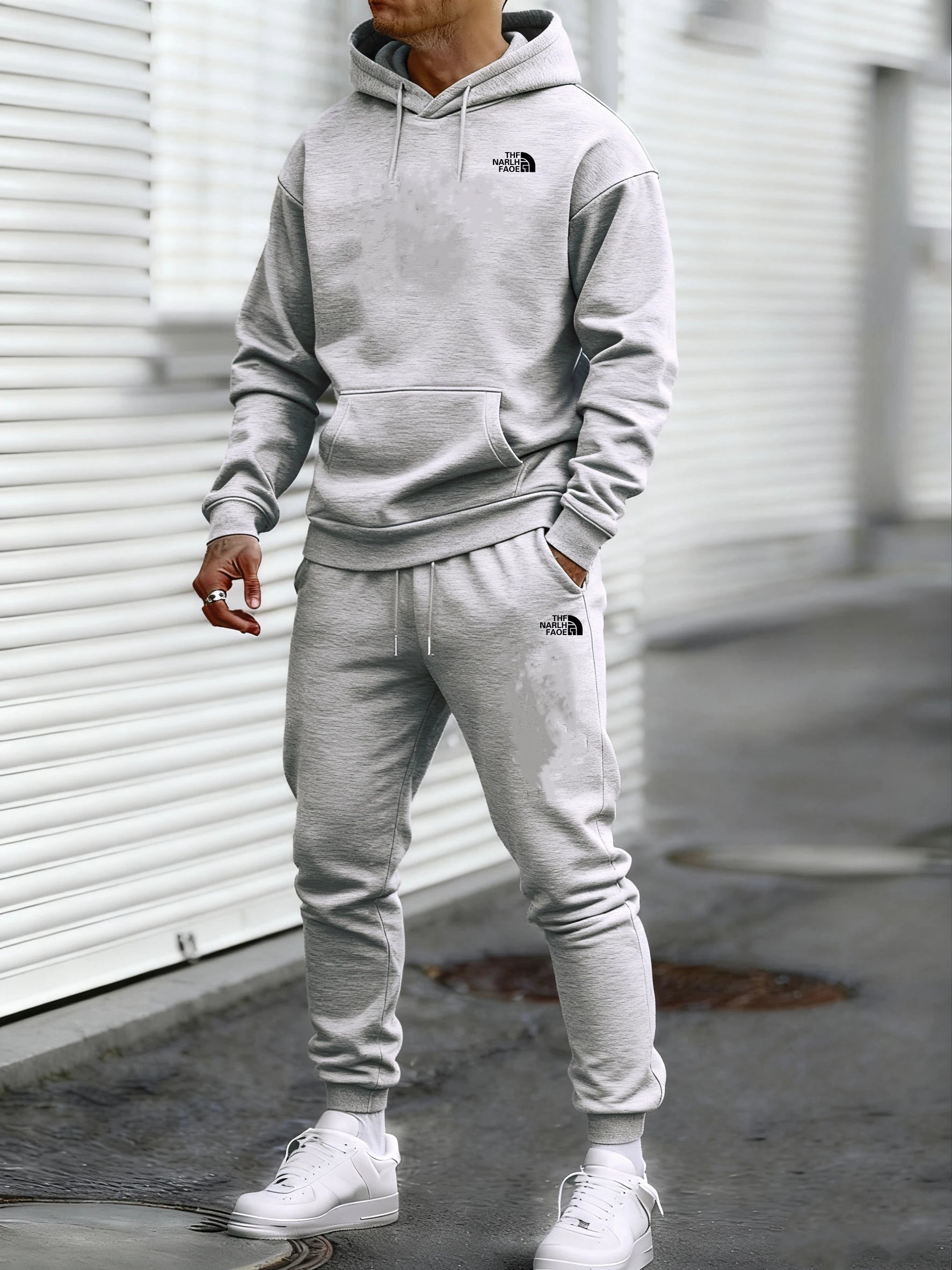 Men's Autumn and Winter Pattern Casual Two-Piece Set Hooded Sweatshirt and Pants withPockets Regular Fit Qutdoor Sport Suit