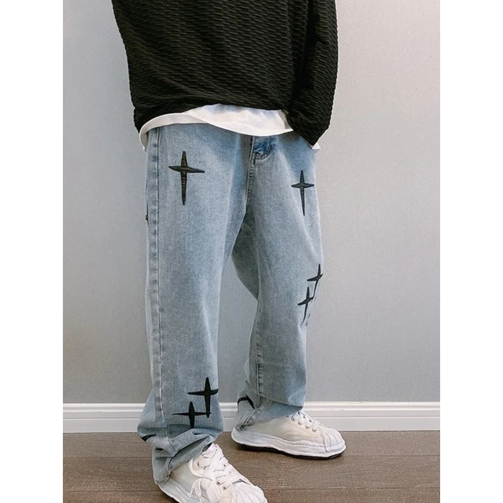 Prints Jeans Men 2026 New Streetwear Baggy Wide Leg Jeans Korean Fashion Drapes Straight Casual Loose Denim Cargo Pants