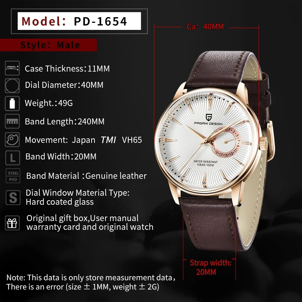 2026 Pagani Design Reloj Hombre PD1654 Quartz Watch Men 100M Water Resistant Leather Strap  Fashion Business Wristwatch reloj