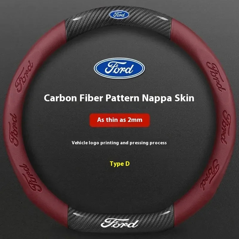 For Ford Mondeo Focus Raptor Puma Edge Explorer Ecosport Ranger F150 Kuga Car AntiSlip Carbon Fiber Leather Steering Wheel Cover