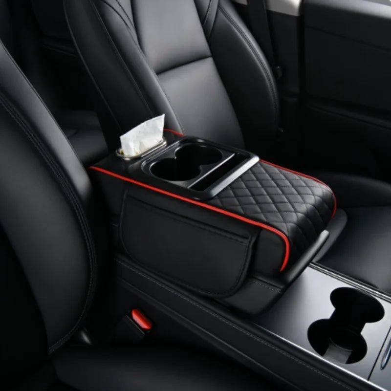 Reposabrazos para Coche 5 en 1: Caja para Pañuelos, Portavasos, Bolsa de Almacenamiento Multifuncional, Almohadilla Elevadora y Cojín con Bolsillo