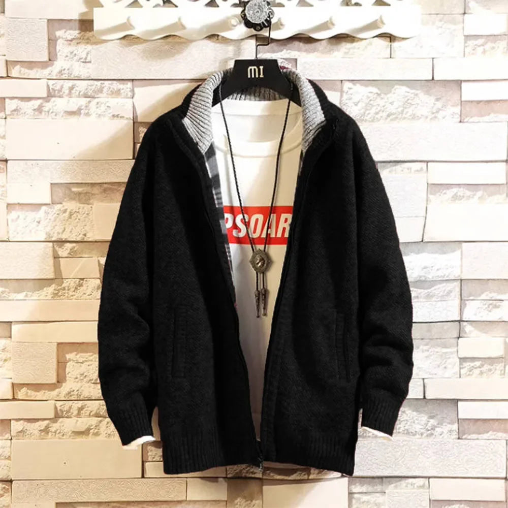 Autumn and Winter New Fleece Thicken Large Size Casual Loose Sweater Men's Jacket Stand-up Collar Cardigans