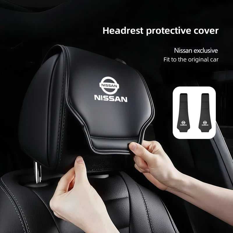 Leather Car Headrest Cover Front Rear Seat Pillow Protective Set For Nissan Sylphy N7 Teana Qashqai Note J10 J11 Navara Juke GTR