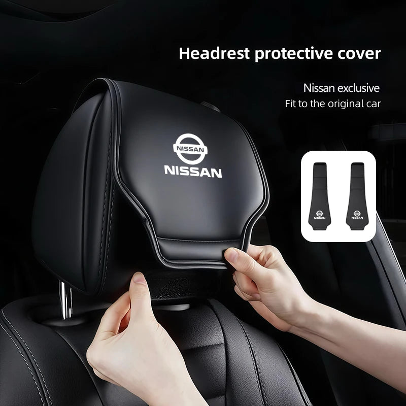 Leather Car Headrest Cover Front Rear Seat Pillow Protective Set For Nissan Sylphy N7 Teana Qashqai Note J10 J11 Navara Juke GTR