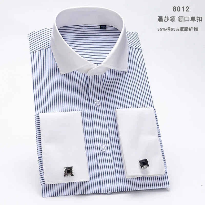 Men's French cufflink shirt with slim fit and contrasting color collar, Windsor collar, striped formal long sleeved shir