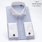 Men's French cufflink shirt with slim fit and contrasting color collar, Windsor collar, striped formal long sleeved shir