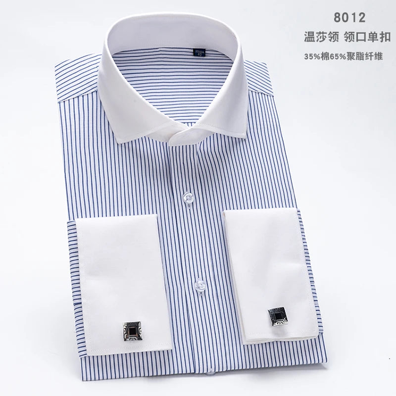Men's French cufflink shirt with slim fit and contrasting color collar, Windsor collar, striped formal long sleeved shir